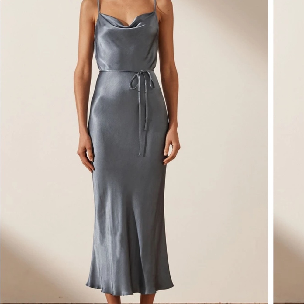 NWT Shona Joy blue smoke cowl neck midi dress